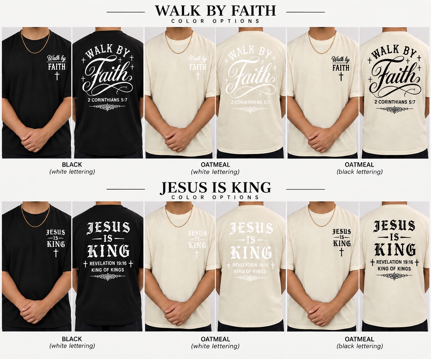 Walk by Faith and Jesus Is King color options in black and oatmeal
